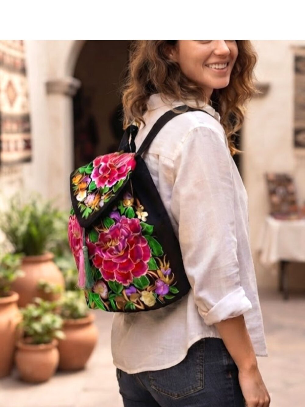 Embroidery Peony Backpack Pink Red Floral Handmade Canvas Shoulder ToteBag Large